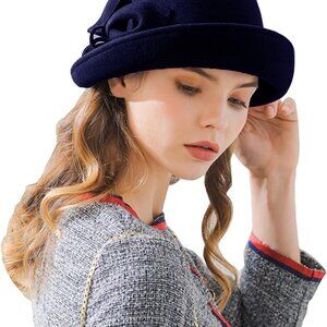 Women's Wool Felt Cloche Bucket Hat Winter Bow Fedora Church Derby